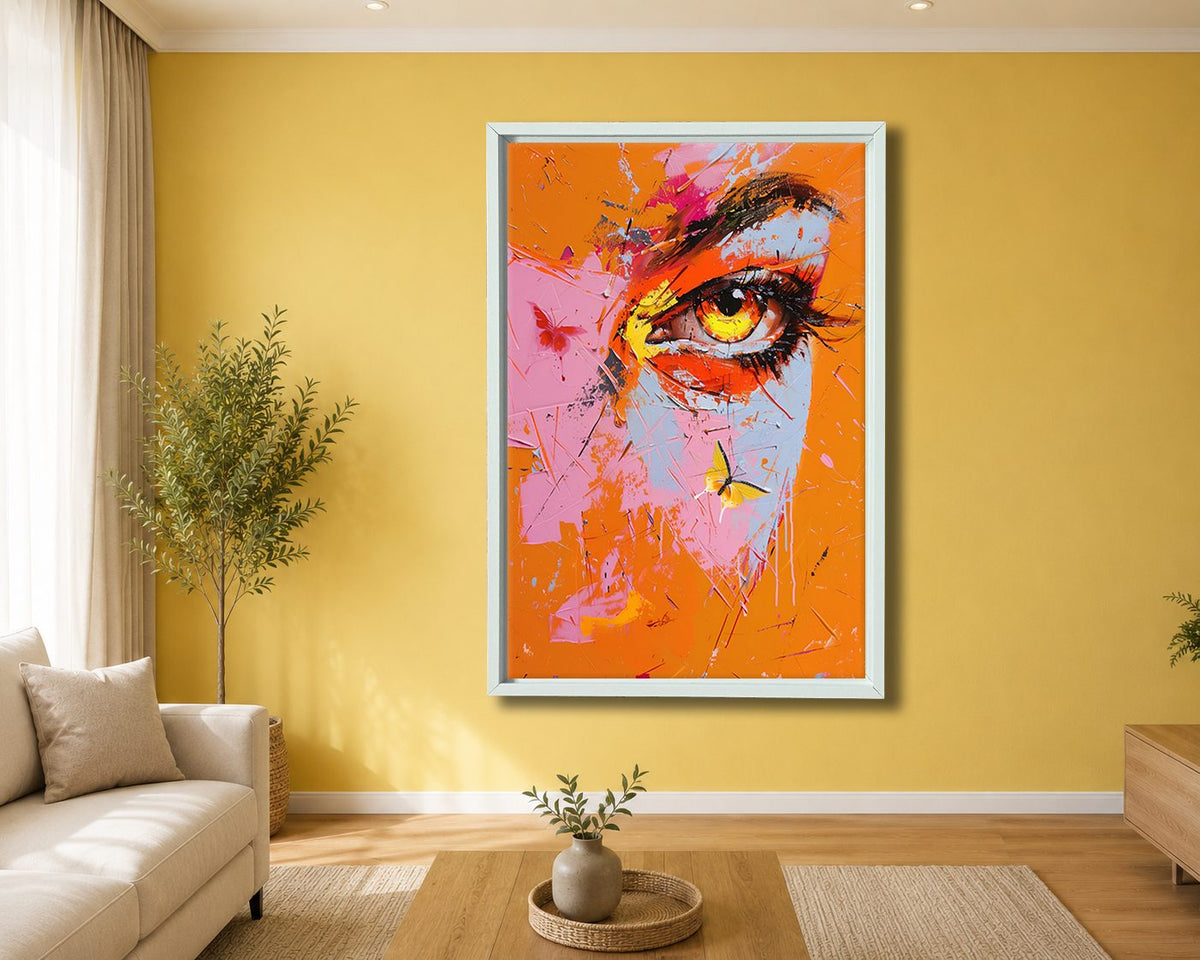 Pop Art Eye with Butterflies canvas wall art, white floating frame
