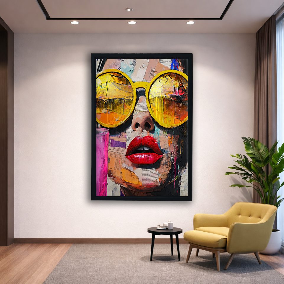Pop Art Woman with Yellow Sunglasses canvas wall art, black floating frame