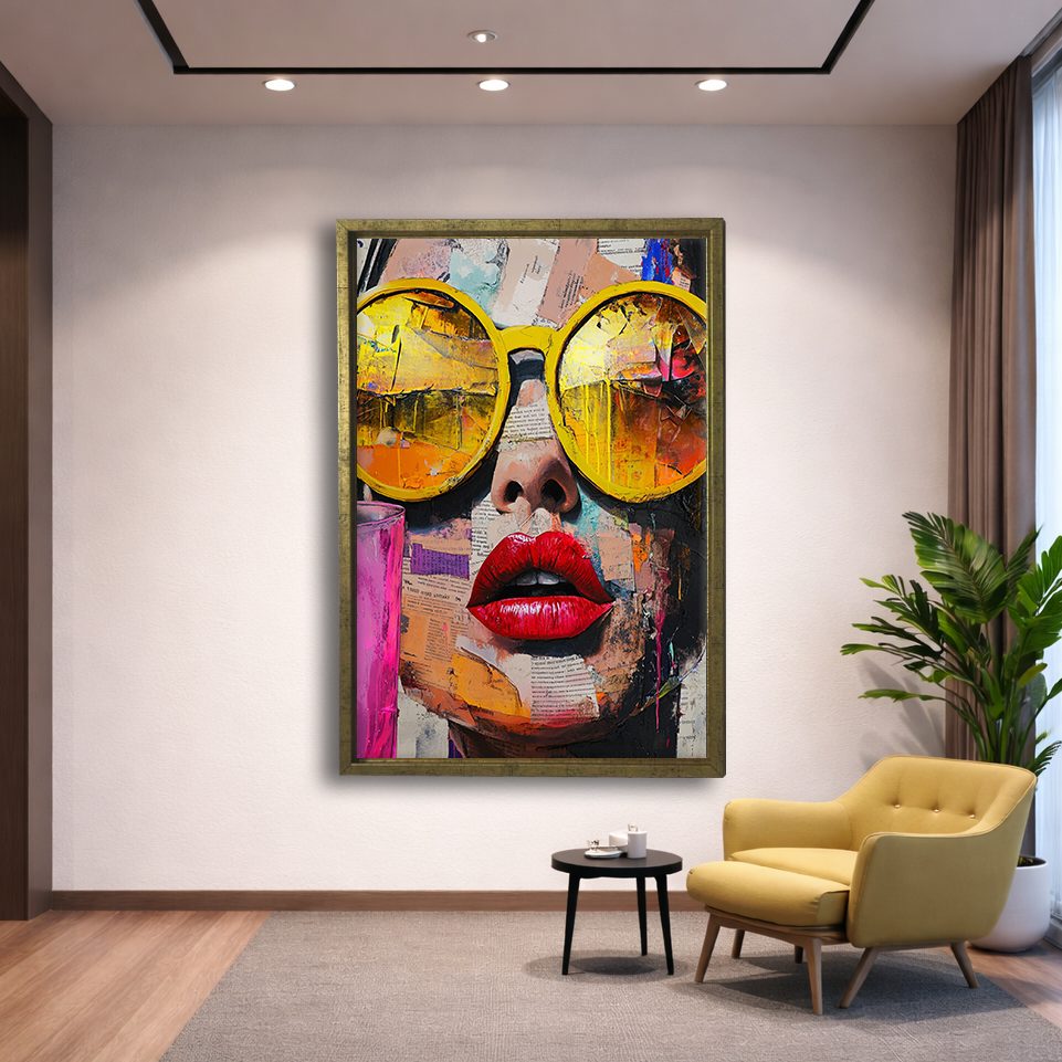 Pop Art Woman with Yellow Sunglasses canvas wall art, gold floating frame