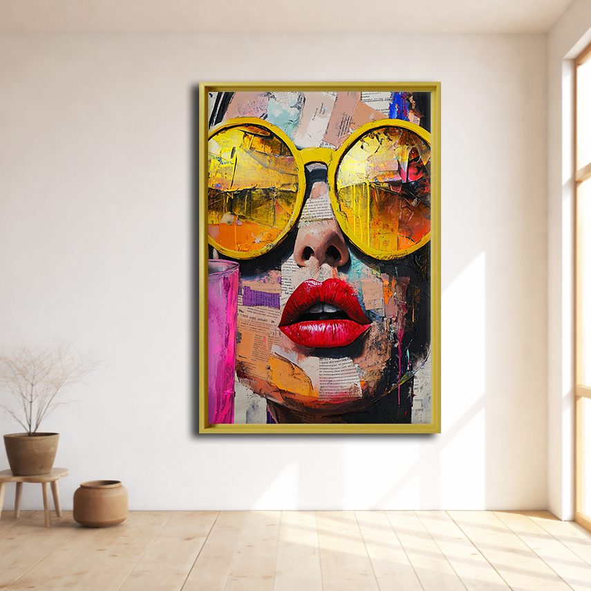 Pop Art Woman with Yellow Sunglasses canvas wall art, natural wood floating frame
