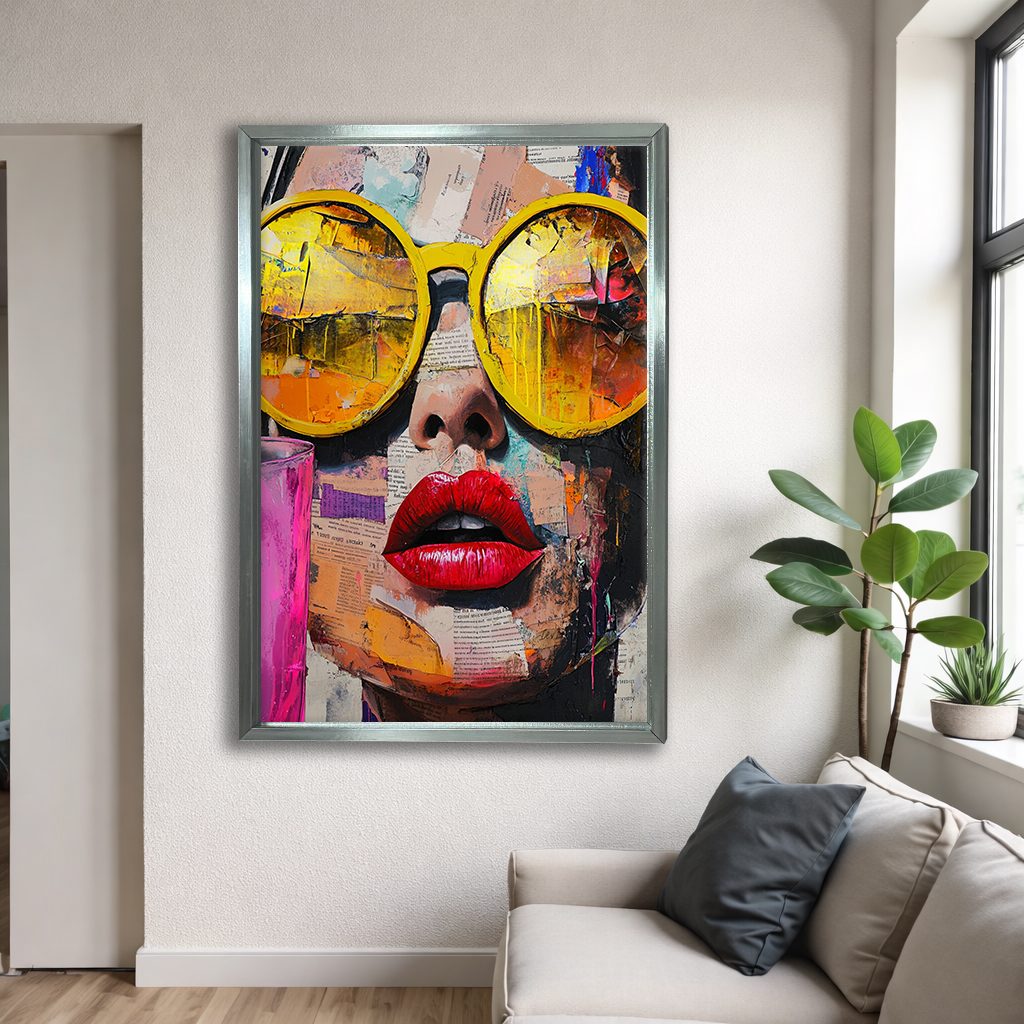 Pop Art Woman with Yellow Sunglasses canvas wall art, silver floating frame