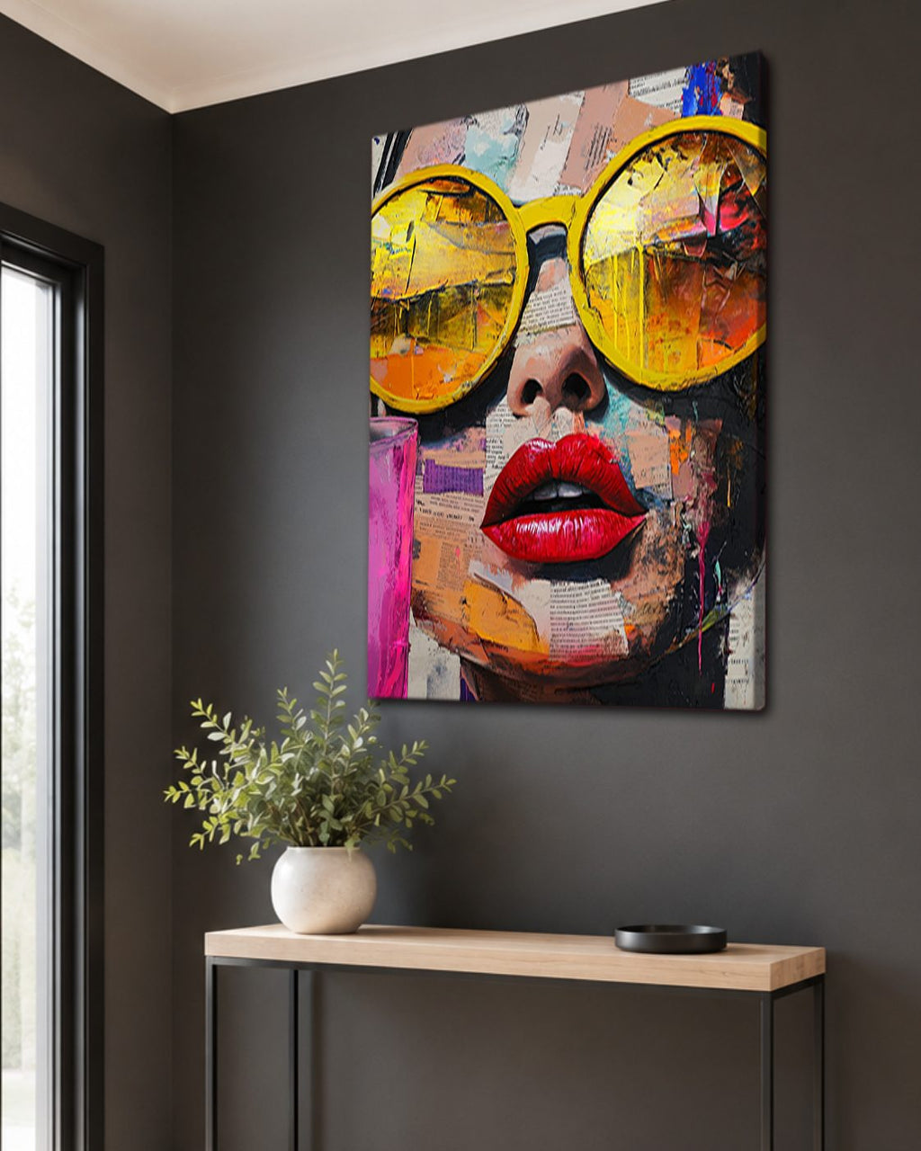 Pop Art Woman with Yellow Sunglasses canvas wall art, unframed canvas