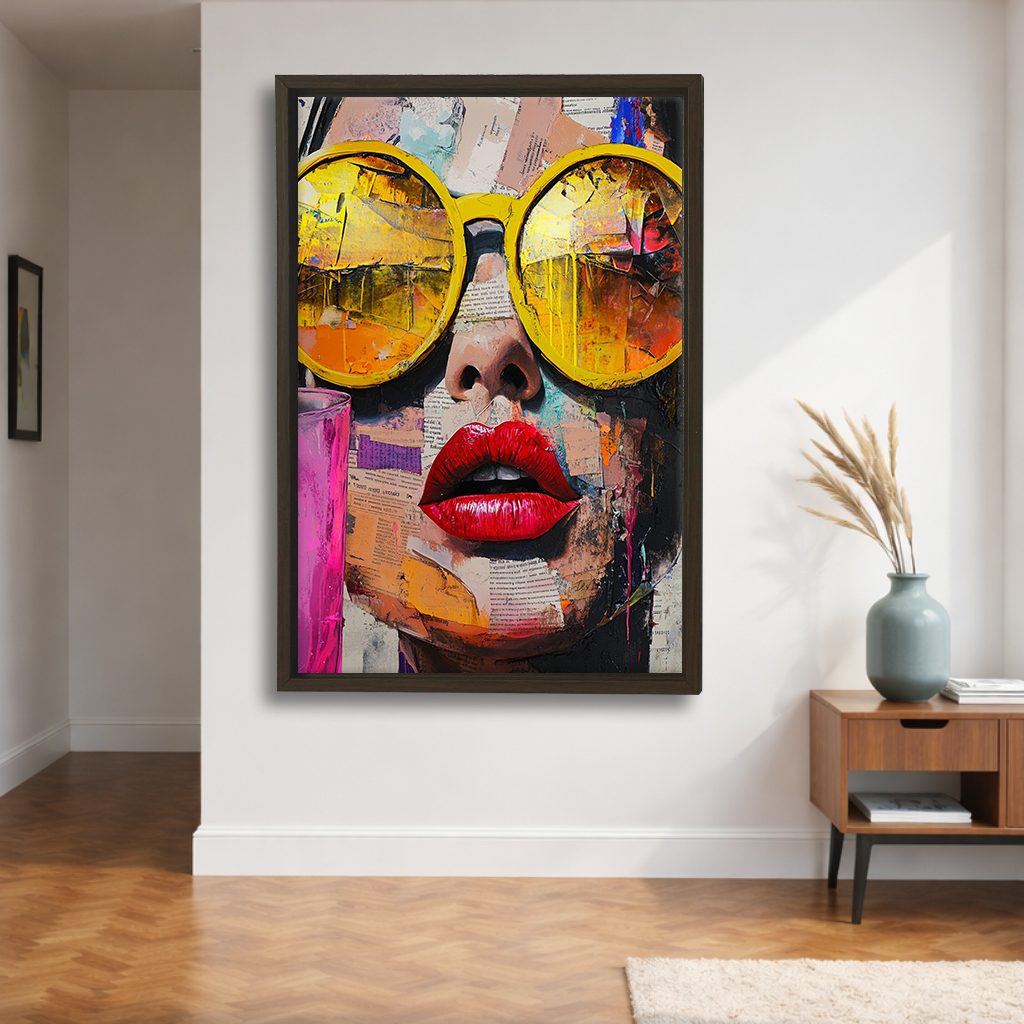 Pop Art Woman with Yellow Sunglasses canvas wall art, walnut floating frame