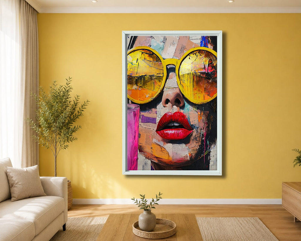 Pop Art Woman with Yellow Sunglasses canvas wall art, white floating frame