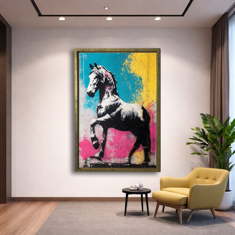 Pop Art Zebra Horse Graffiti canvas wall art, gold floating frame