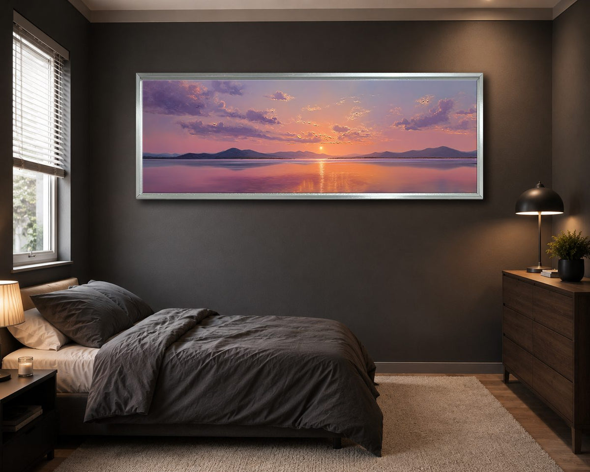 Purple Sunset over Calm Lake canvas wall art, silver floating frame
