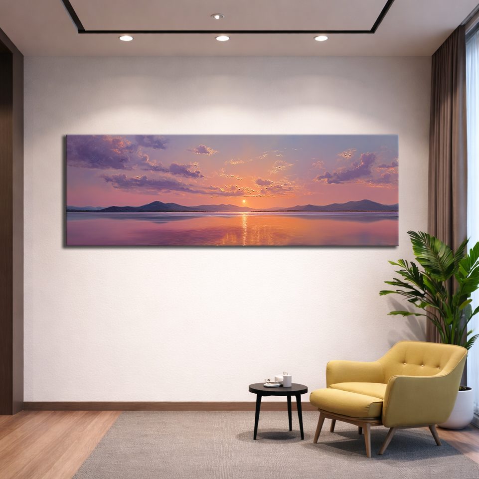 Purple Sunset over Calm Lake canvas wall art, unframed canvas