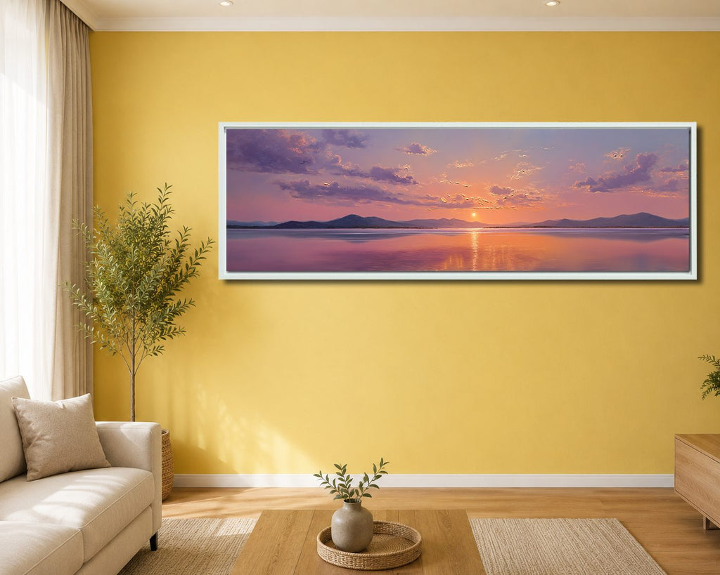 Purple Sunset over Calm Lake canvas wall art, white floating frame