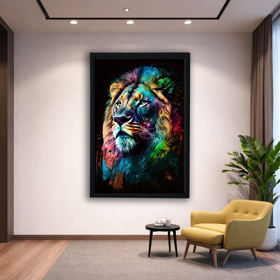 Rainbow Lion Portrait canvas wall art, black floating frame