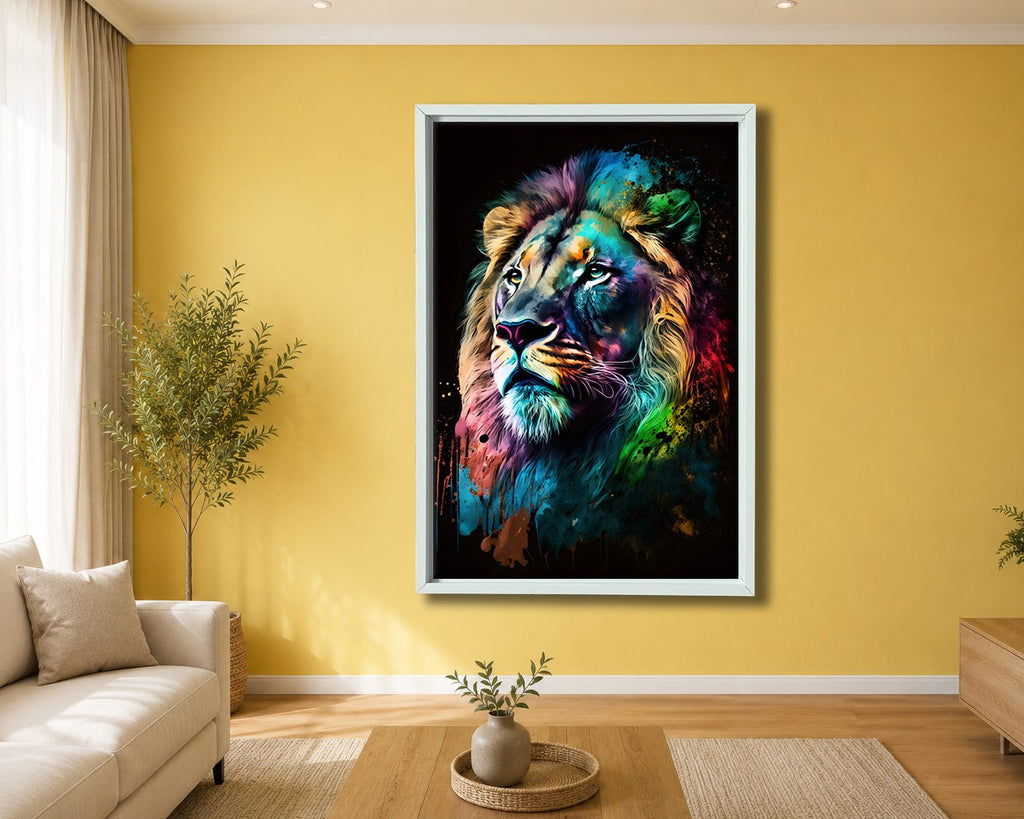 Rainbow Lion Portrait canvas wall art, white floating frame