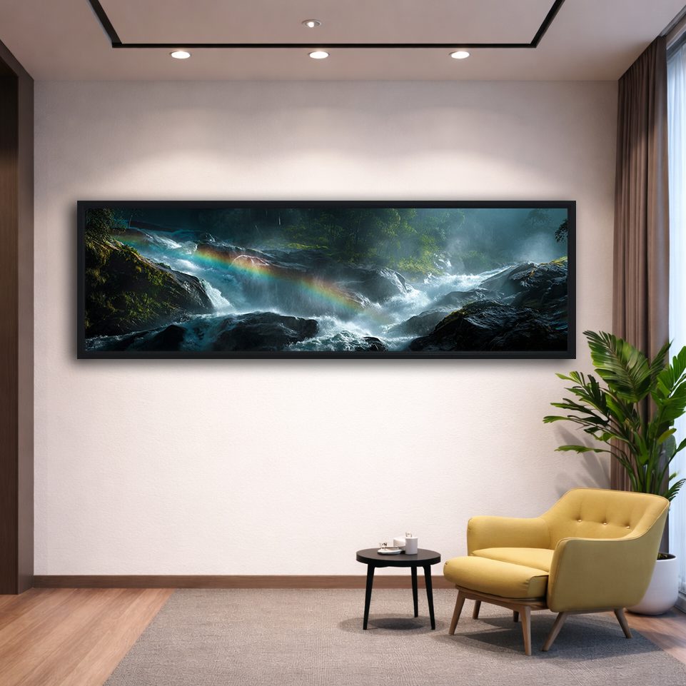 Rainbow over Forest Waterfall canvas wall art, black floating frame