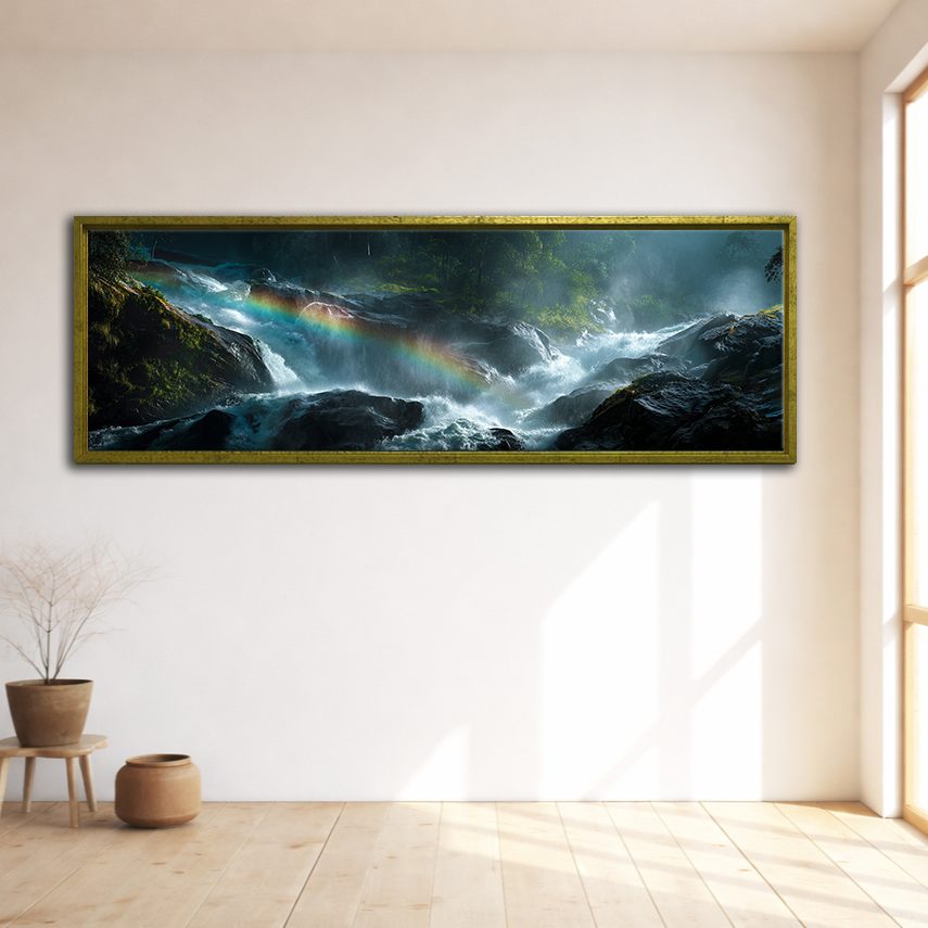 Rainbow over Forest Waterfall canvas wall art, gold floating frame