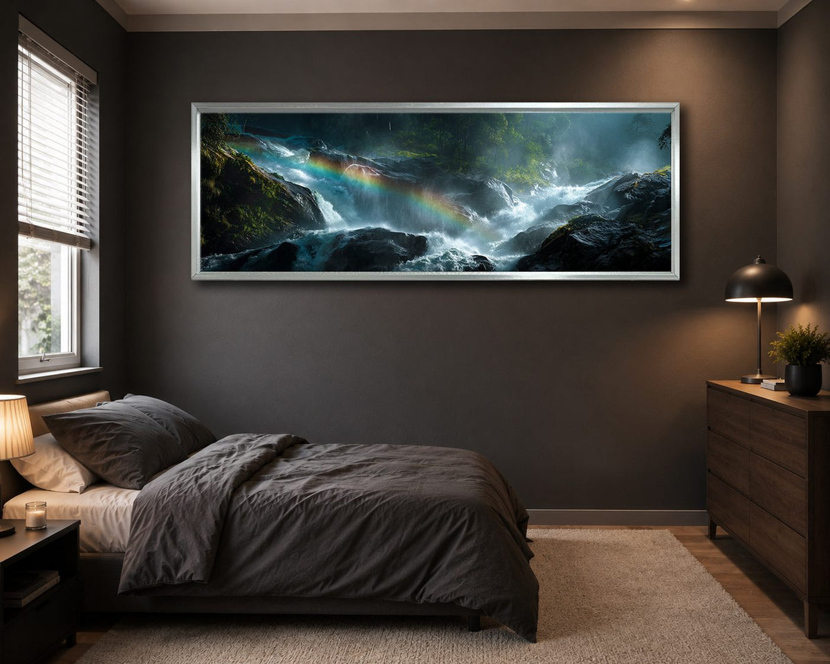 Rainbow over Forest Waterfall canvas wall art, silver floating frame