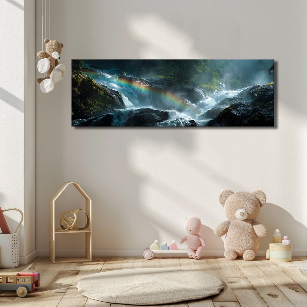 Rainbow over Forest Waterfall canvas wall art, unframed canvas