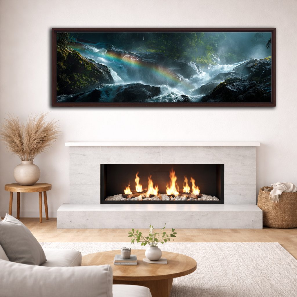 Rainbow over Forest Waterfall canvas wall art, walnut floating frame