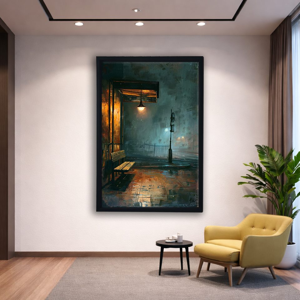 Rainy Night Lamp Post Street canvas wall art, black floating frame