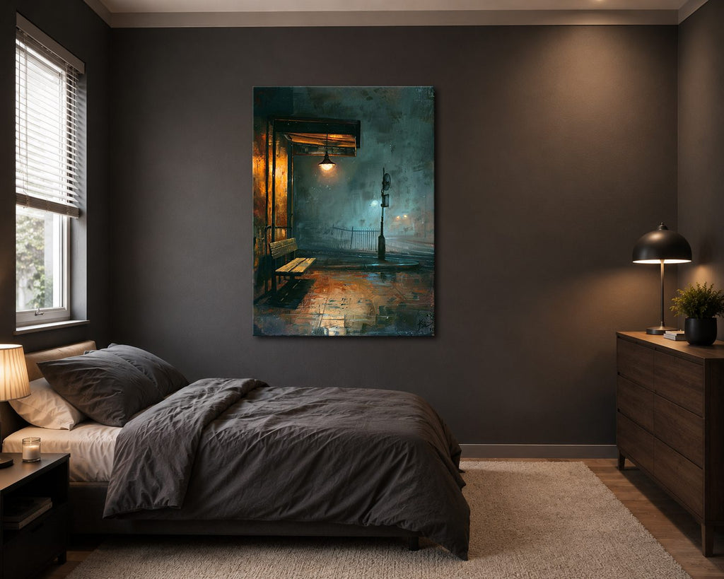 Rainy Night Lamp Post Street canvas wall art, unframed canvas