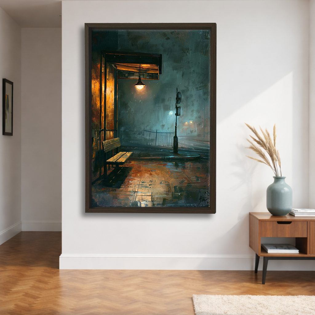 Rainy Night Lamp Post Street canvas wall art, walnut floating frame
