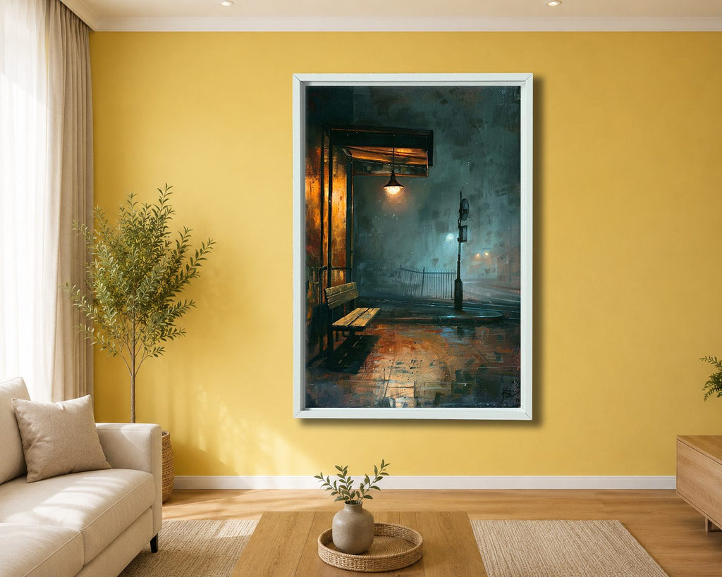 Rainy Night Lamp Post Street canvas wall art, white floating frame