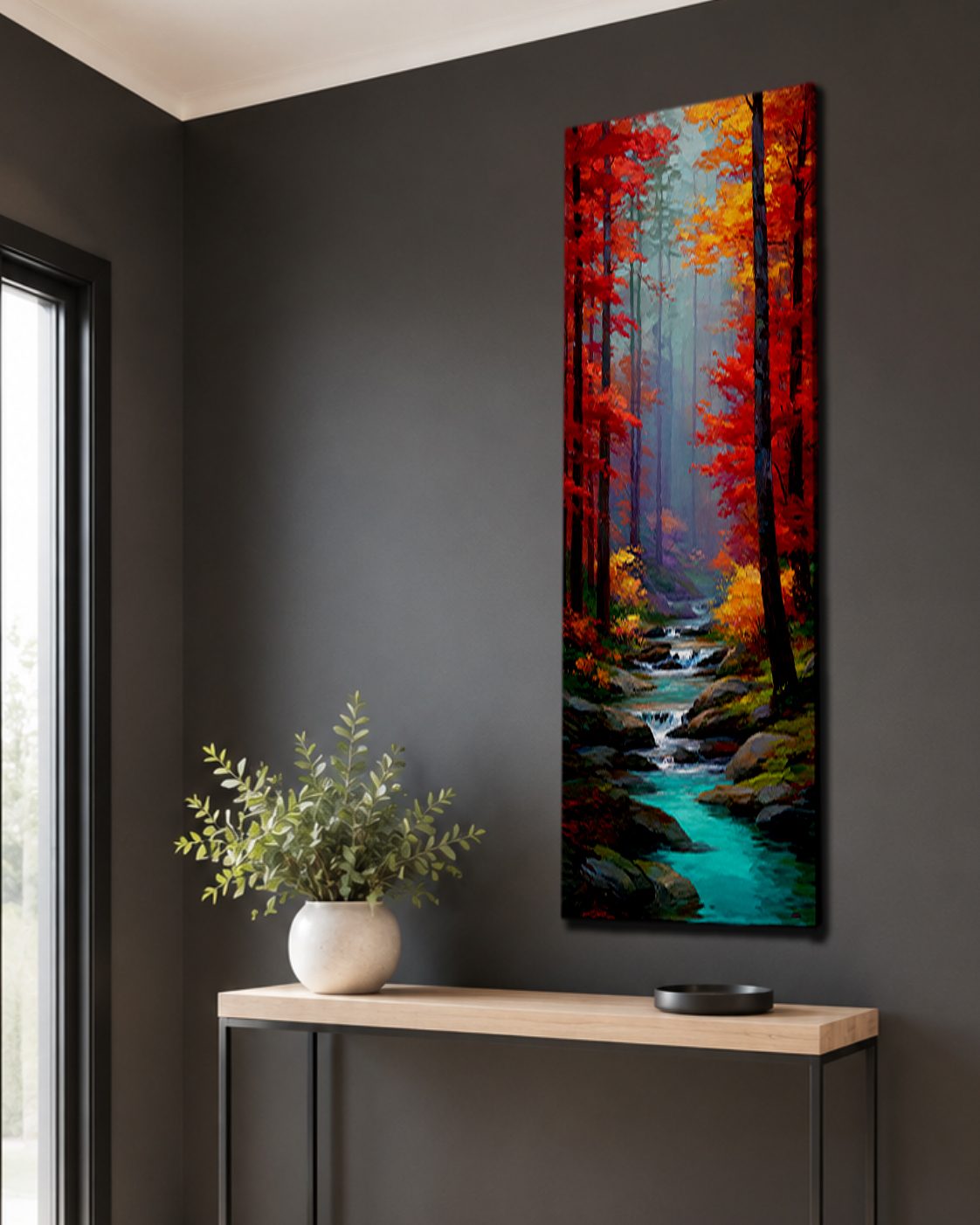 Red Autumn Forest and Turquoise Stream canvas wall art, unframed canvas