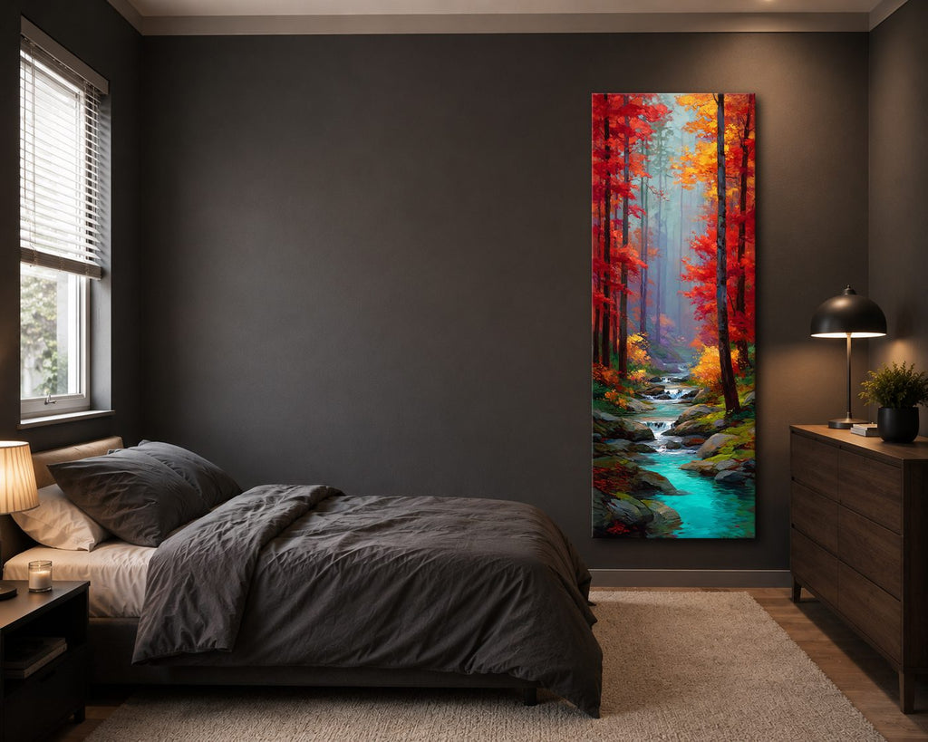 Red Autumn Forest and Turquoise Stream canvas wall art, unframed canvas