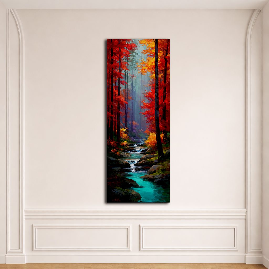 Red Autumn Forest and Turquoise Stream canvas wall art, unframed canvas