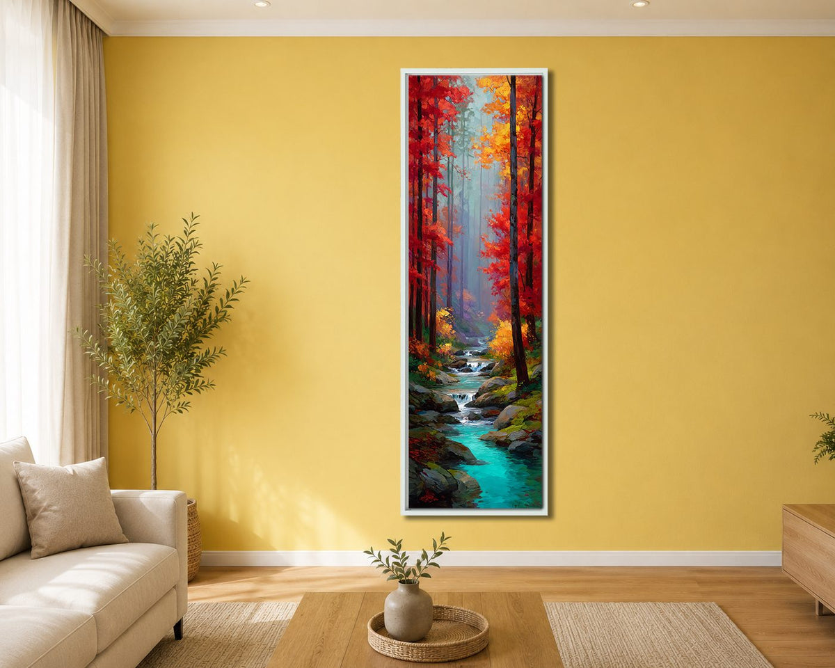 Red Autumn Forest and Turquoise Stream canvas wall art, white floating frame