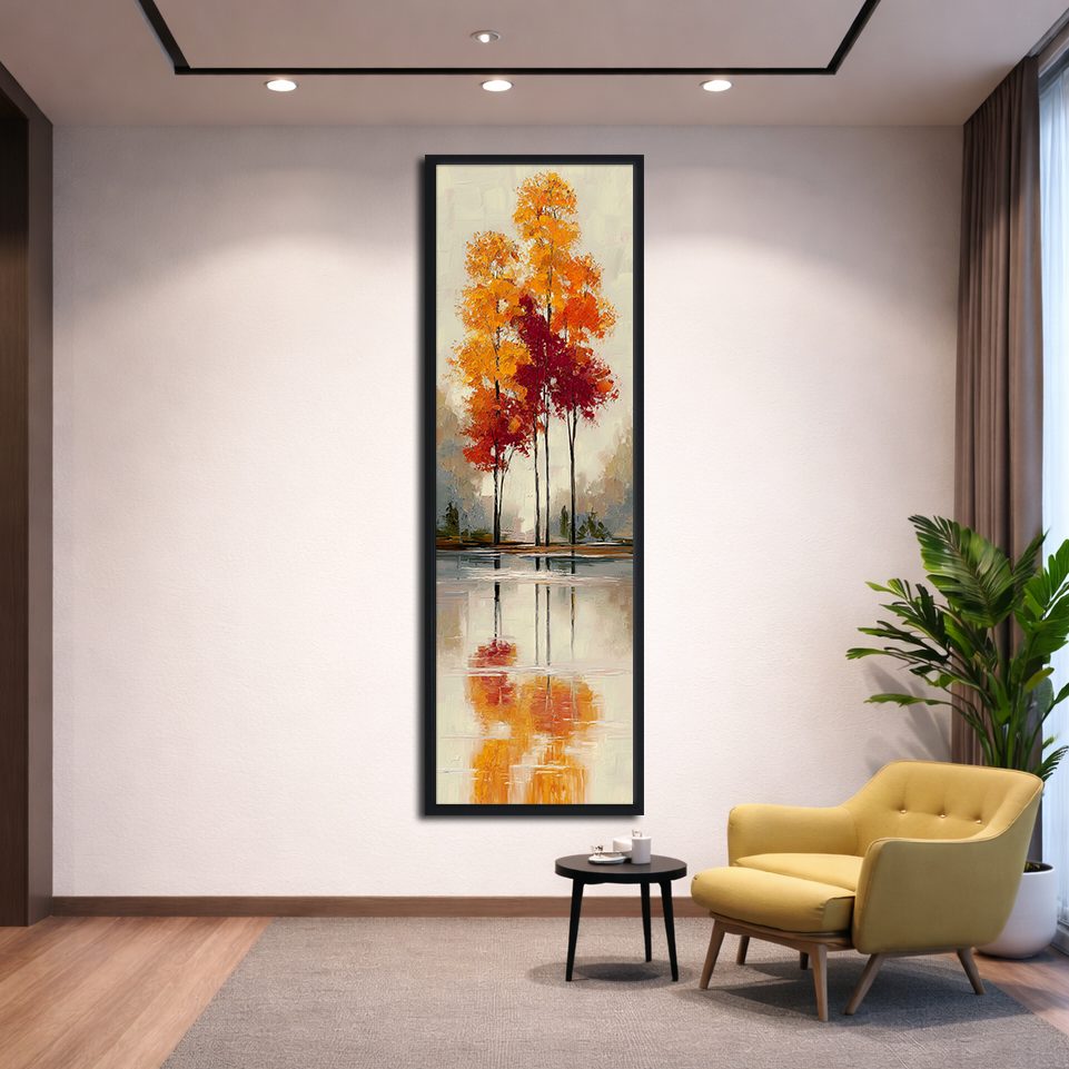 Red Autumn Trees Lake Reflection canvas wall art, black floating frame