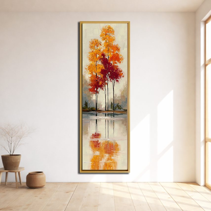 Red Autumn Trees Lake Reflection canvas wall art, natural wood floating frame