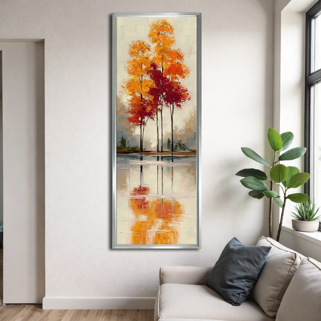 Red Autumn Trees Lake Reflection canvas wall art, silver floating frame