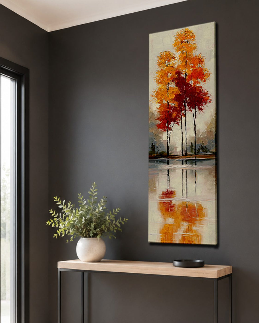 Red Autumn Trees Lake Reflection canvas wall art, unframed canvas
