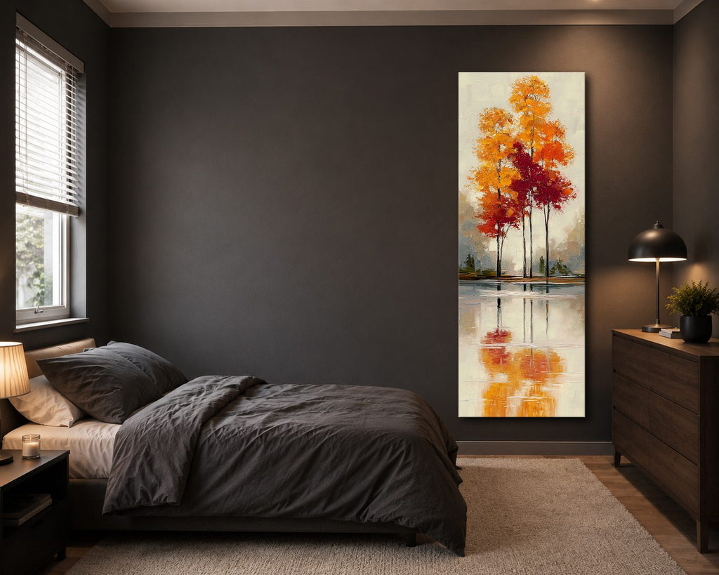 Red Autumn Trees Lake Reflection canvas wall art, unframed canvas
