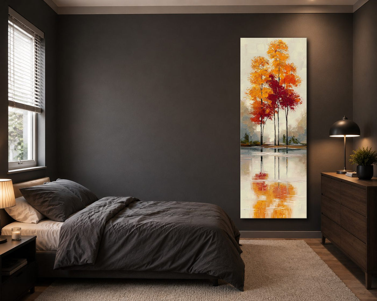Red Autumn Trees Lake Reflection canvas wall art, unframed canvas