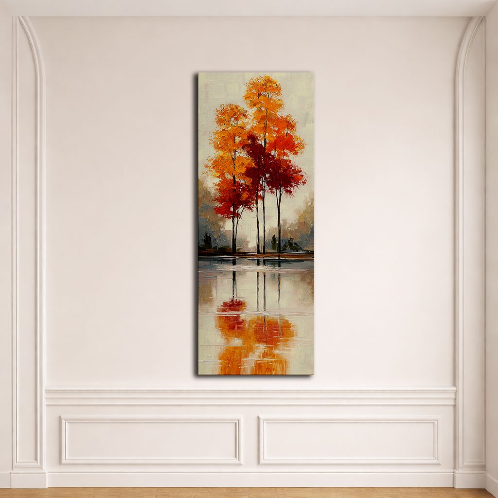 Red Autumn Trees Lake Reflection canvas wall art, unframed canvas