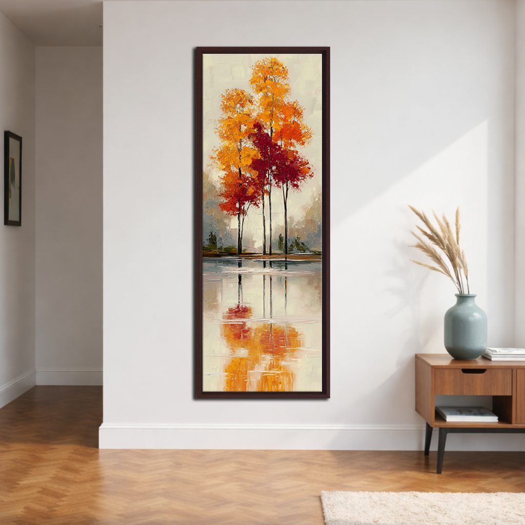 Red Autumn Trees Lake Reflection canvas wall art, walnut floating frame