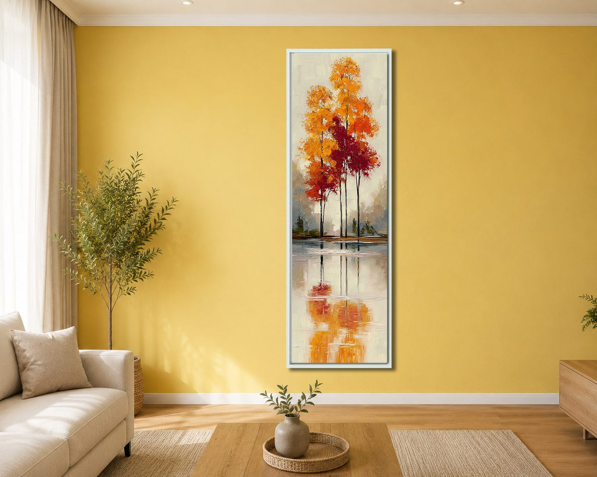 Red Autumn Trees Lake Reflection canvas wall art, white floating frame