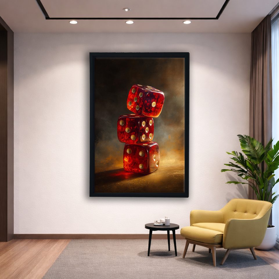 Red Dice Stack Still Life canvas wall art, black floating frame