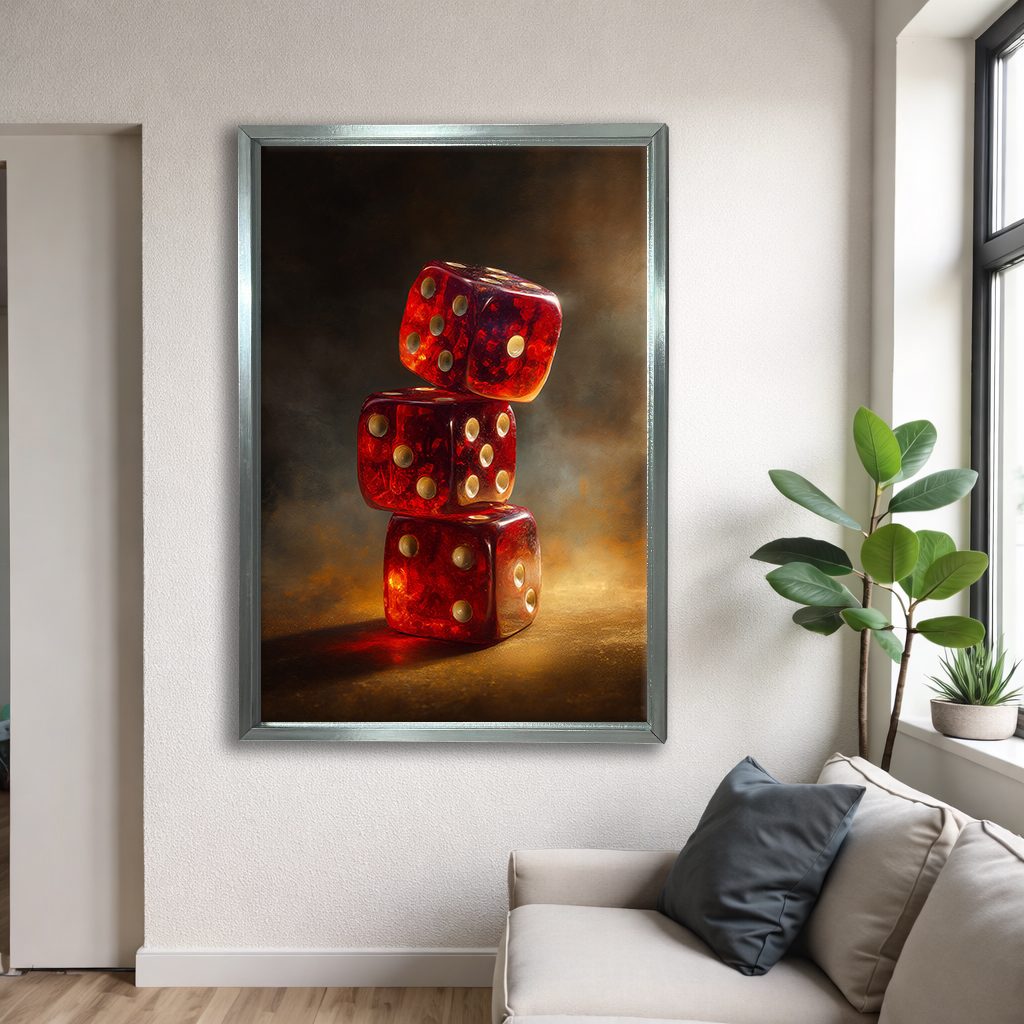 Red Dice Stack Still Life canvas wall art, silver floating frame