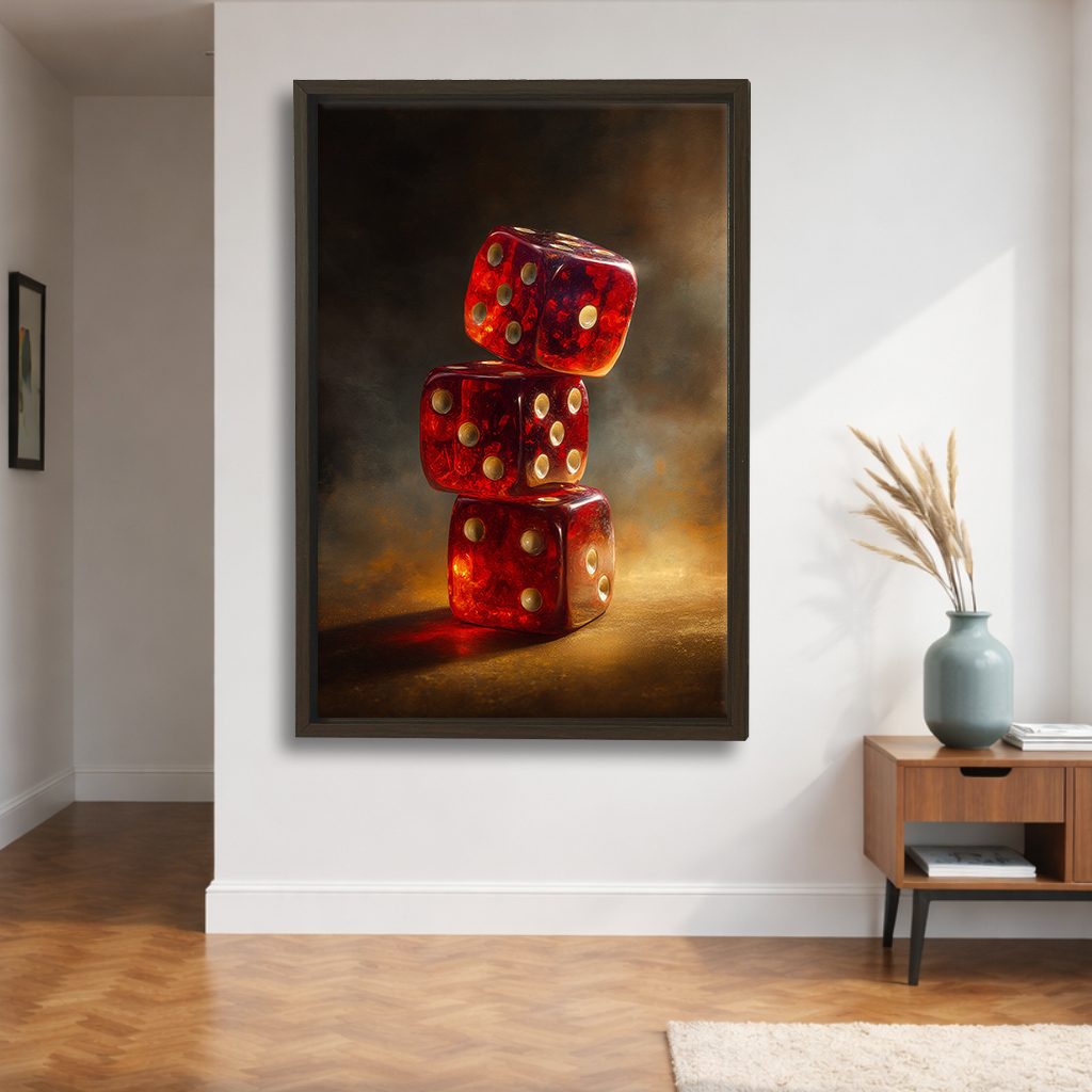 Red Dice Stack Still Life canvas wall art, walnut floating frame