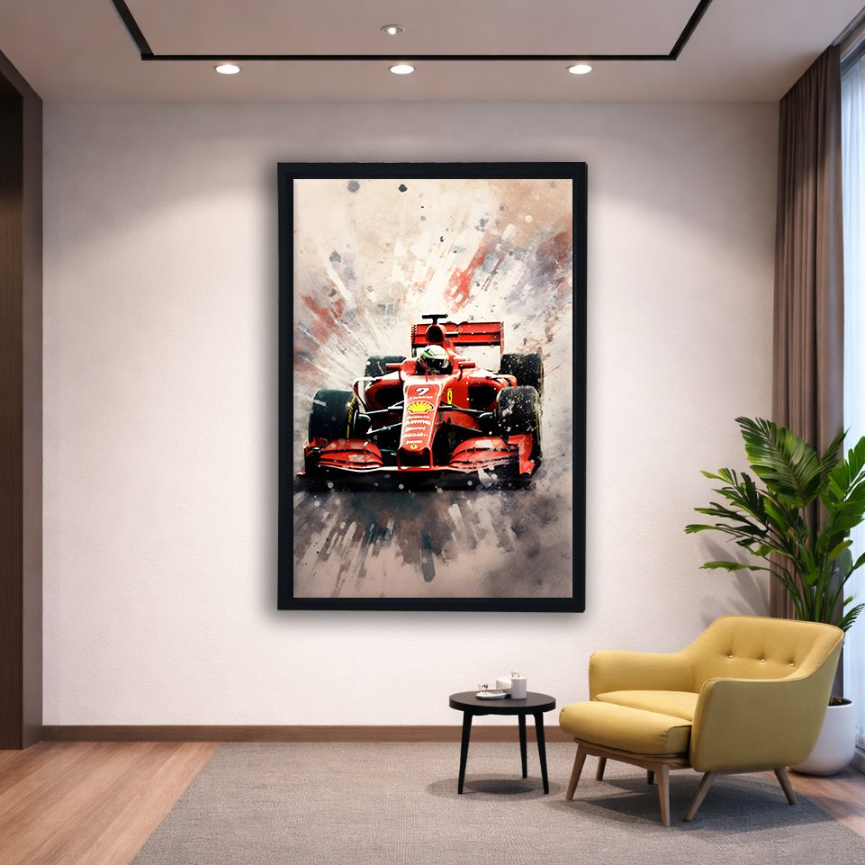 Red Formula Racing Car canvas wall art, black floating frame