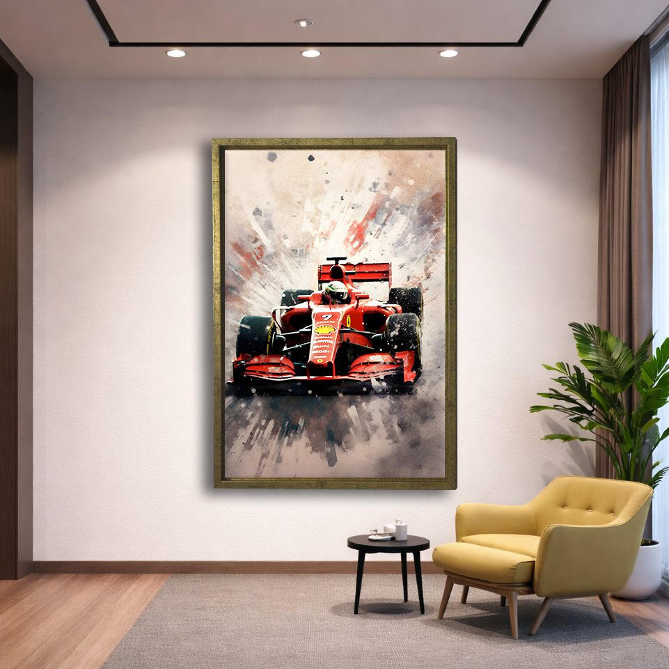 Red Formula Racing Car canvas wall art, gold floating frame