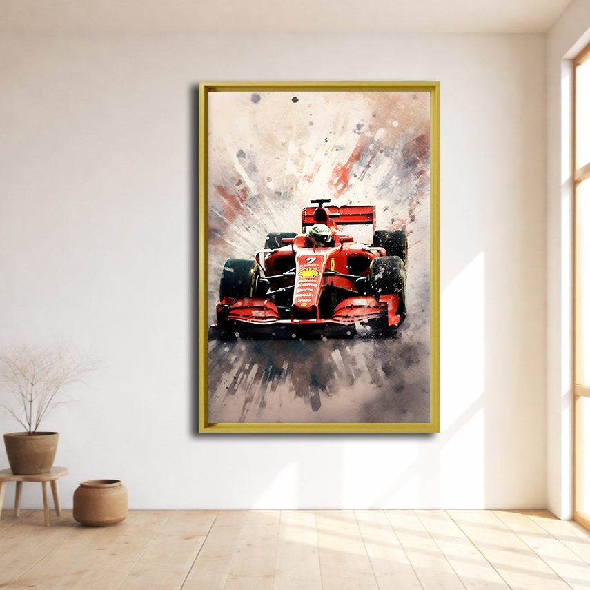 Red Formula Racing Car canvas wall art, natural wood floating frame