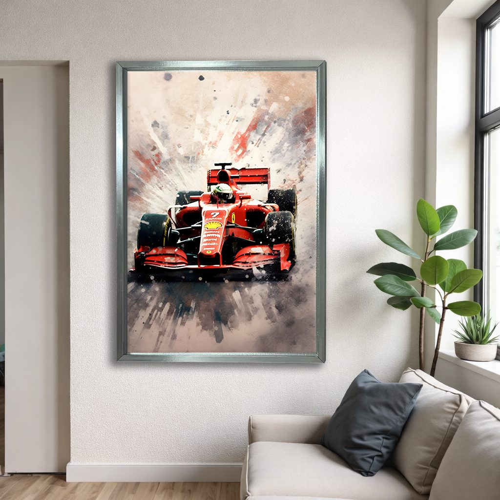 Red Formula Racing Car canvas wall art, silver floating frame