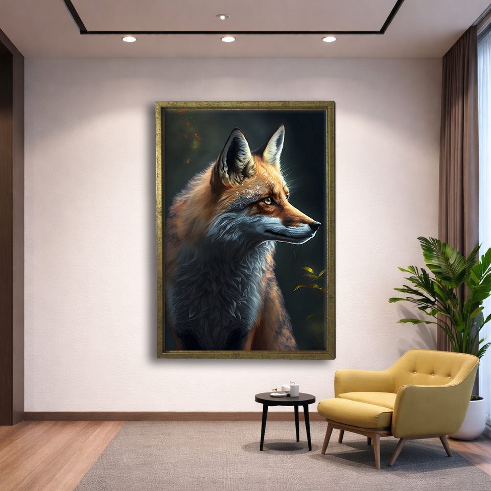 Red Fox Portrait canvas wall art, gold floating frame
