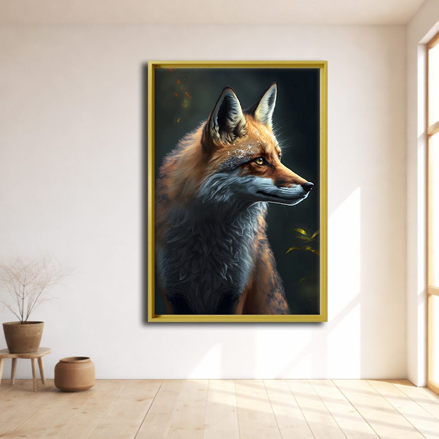 Red Fox Portrait canvas wall art, natural wood floating frame