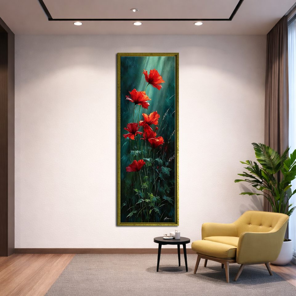 Red Poppies on Dark Green canvas wall art, gold floating frame