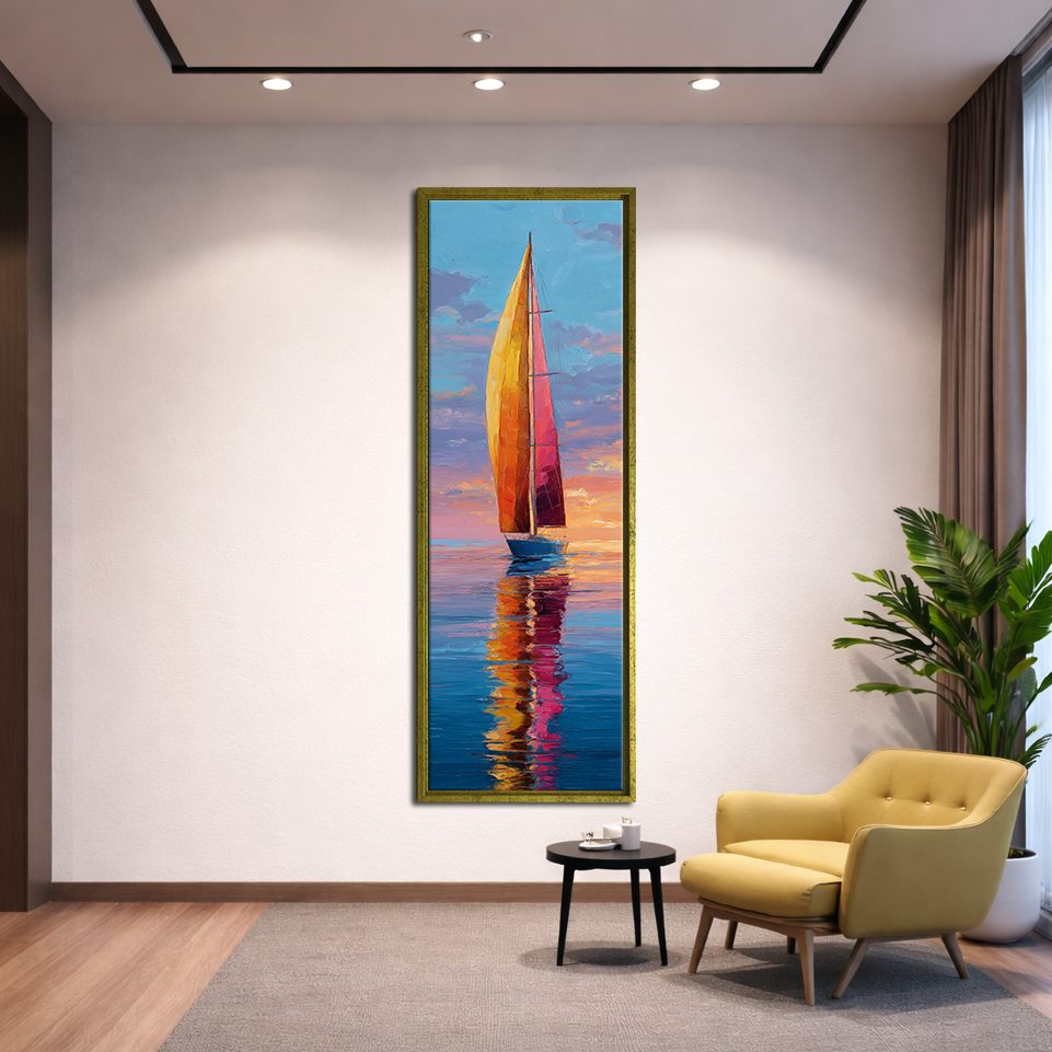 Red Sailboat at Sunset canvas wall art, gold floating frame