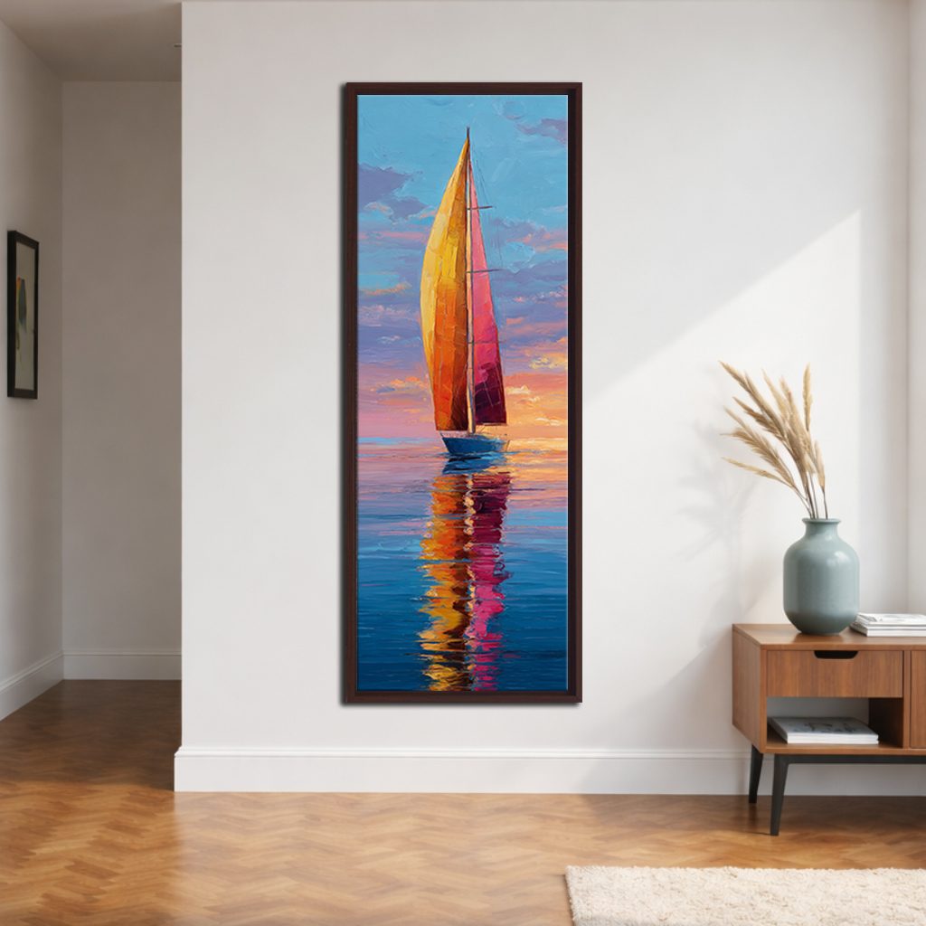 Red Sailboat at Sunset canvas wall art, walnut floating frame