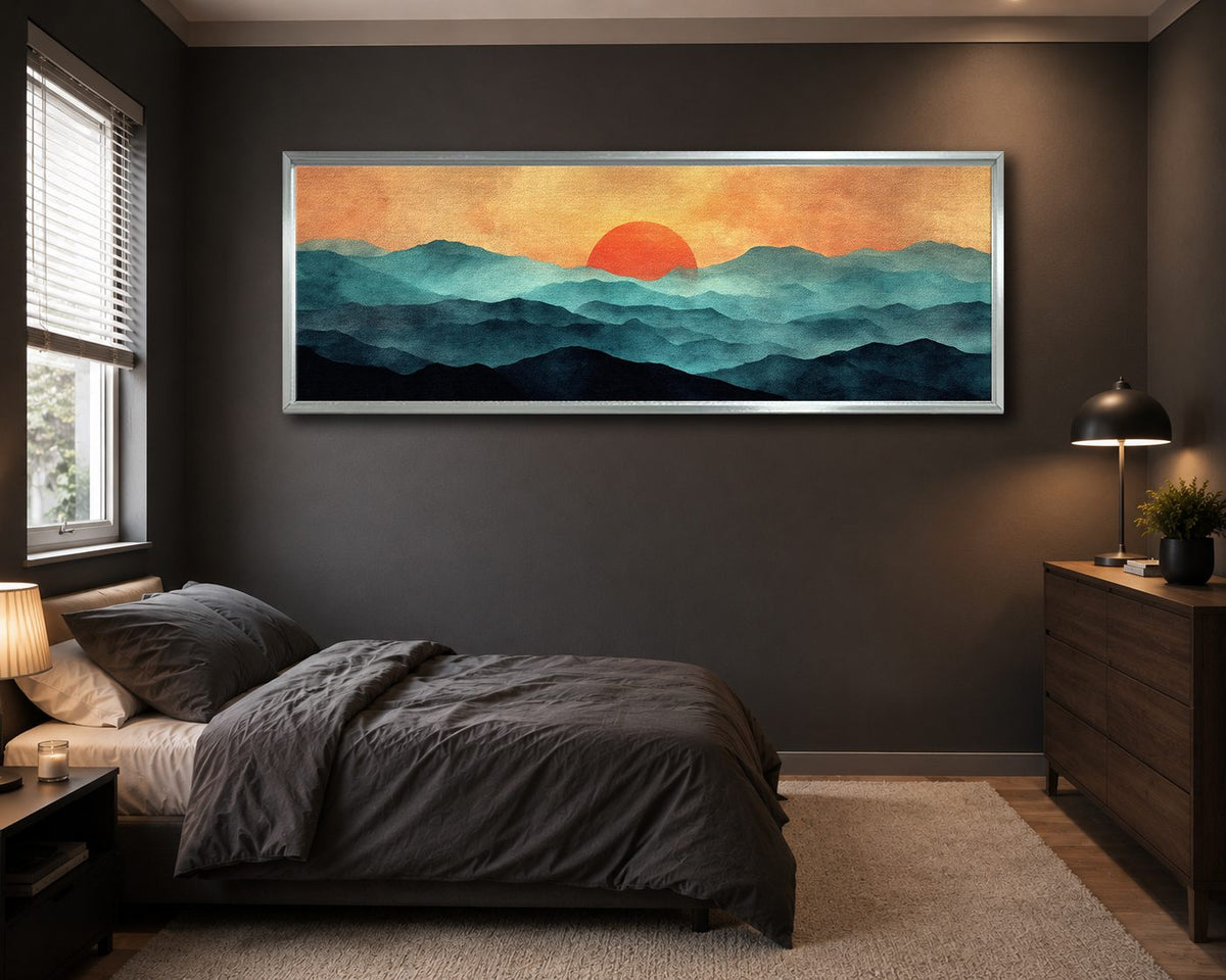Red Sun over Teal Mountains canvas wall art, silver floating frame