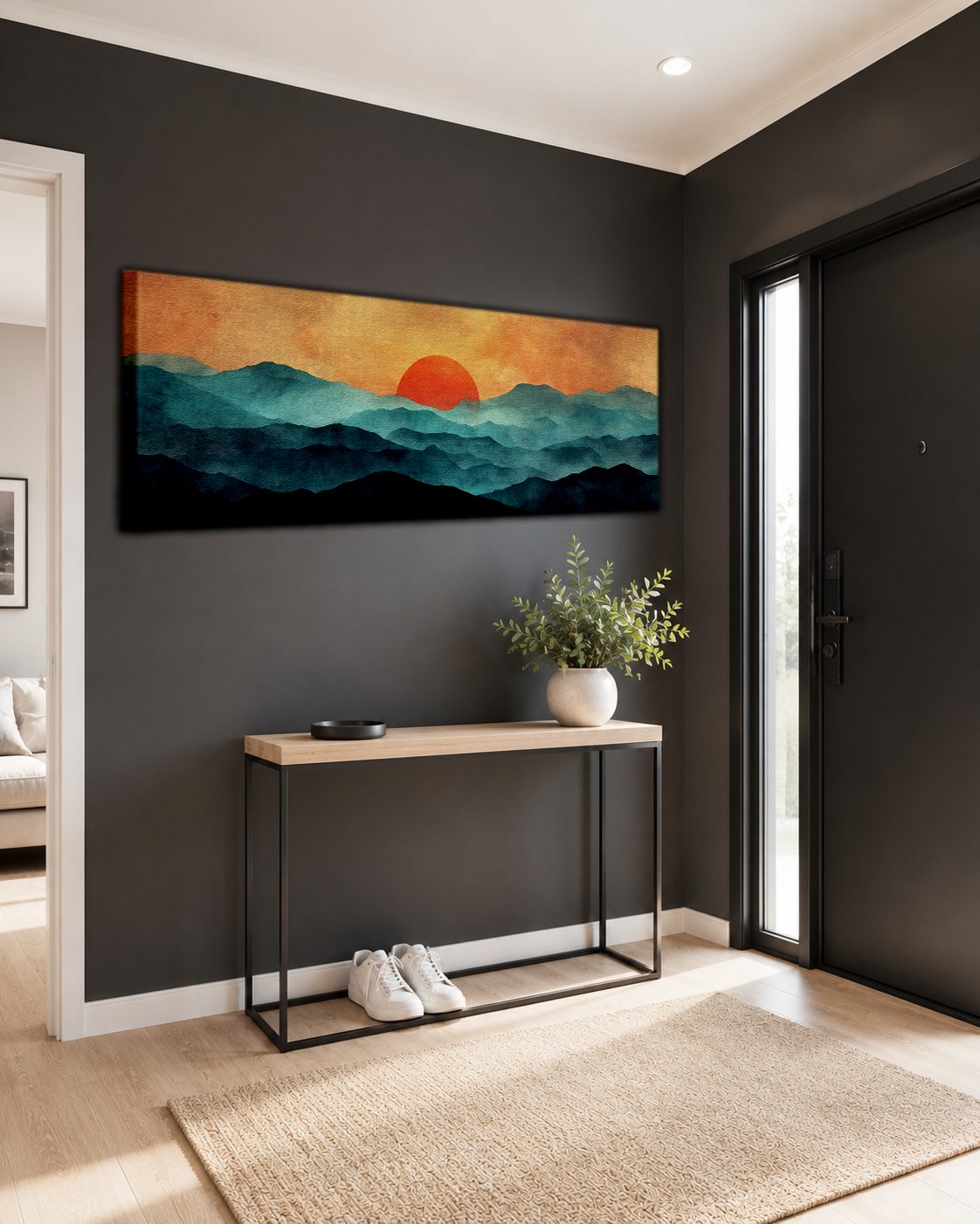 Red Sun over Teal Mountains canvas wall art, unframed canvas
